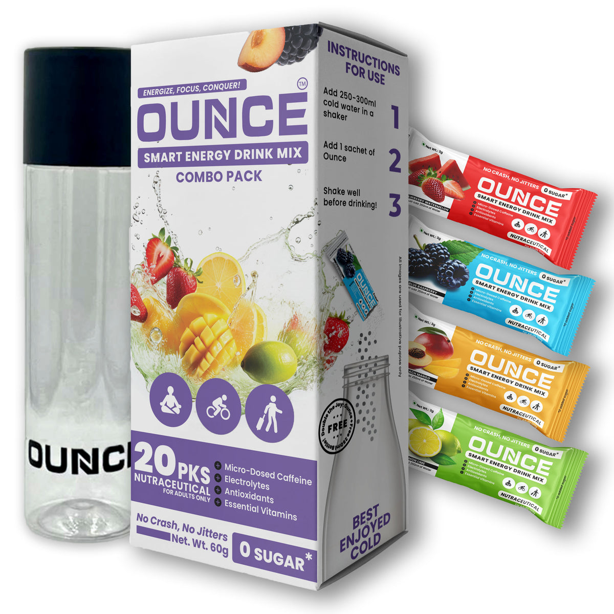 Ounce Energy Drink Powder + Electrolyte Powder - 20 On-The-Go Caffeine   theteatrove