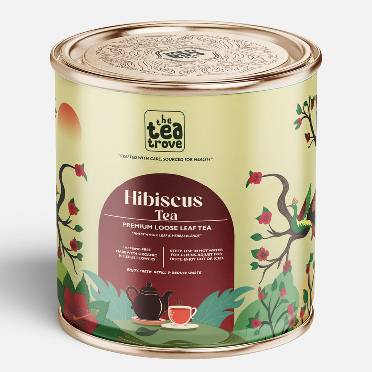 The Tea Trove Hibiscus Tea Leaves Organic 100g – New Tin Box Packaging,  Hibiscus Flower Dry Tea, Caffeine-Free Herbal Tea for Skin Glow & Wellness, Refreshing Red Tea