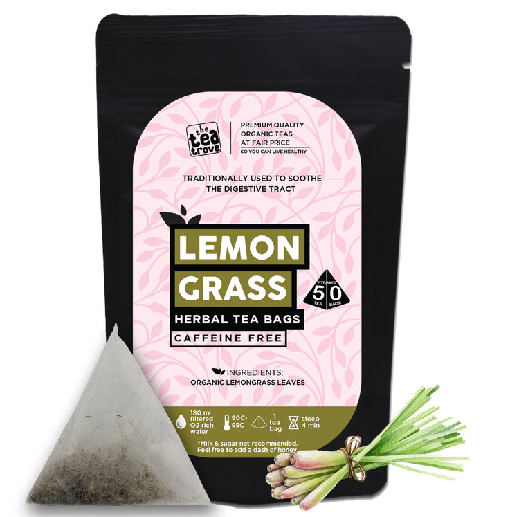 FVTB Organic Lemon Grass Tea Bags - 50 Pyramid Dried Lemongrass Tea Bags Organic in Resealable pouch - Caffeine Free Lemon grass tea leaves to Boost Metabolism and Burn Fat - Pack of1