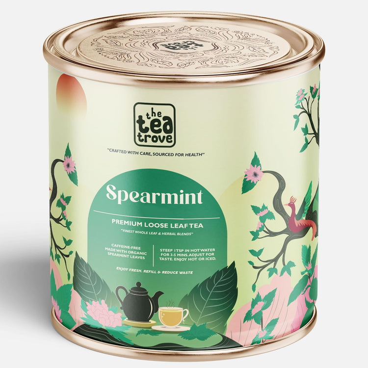 The Tea Trove Organic Spearmint for Pcos & Pcod relief - Pure Herbal Spearmint leaves for women - Facial Hair Support - Caffeine Free Infusion in Reusable Tin Box -100 g